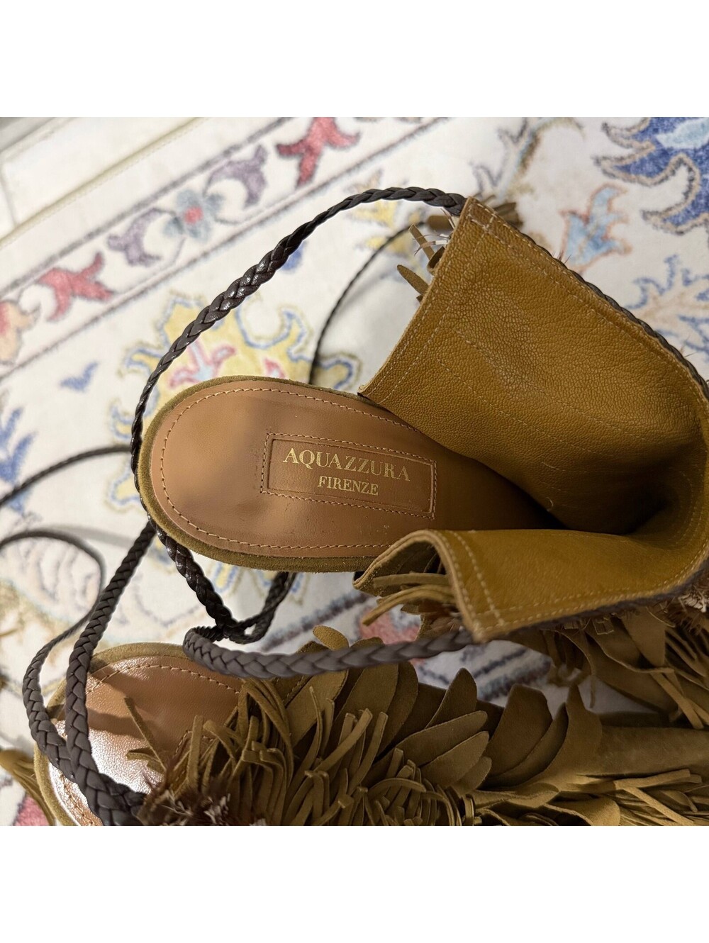 Aquazzura Gytane 85 Size 39.5 Suede Fringe Ankle Wrap Heeled Sandals Green - Picture 3 of 8